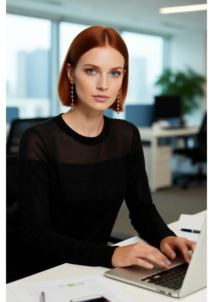 Kadın Simli Transparan Detaylı Bisiklet Yaka Ince Triko Kazak Ilkbahar Sonbahar Günlük Şıklık modelleri