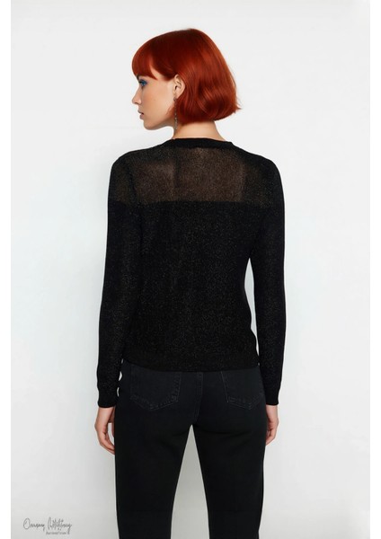 Kadın Simli Transparan Detaylı Bisiklet Yaka Ince Triko Kazak Ilkbahar Sonbahar Günlük Şıklık fırsatları