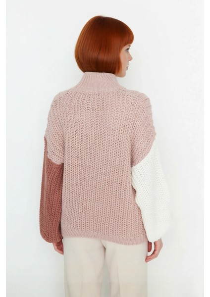 Kadın Oversize Kalıp Dik Yaka Renk Bloklu Balon Kol Triko Kazak Soğuk Havalar Için Şık ve Rahat fırsatları