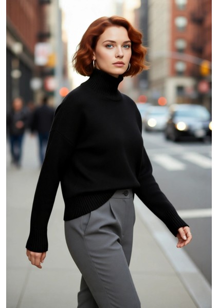 Kadınlar Için Rahat Relaxed Kalıp Düşük Kol Dik Yaka Triko Kazak Kış Günleri Ideal Seçim