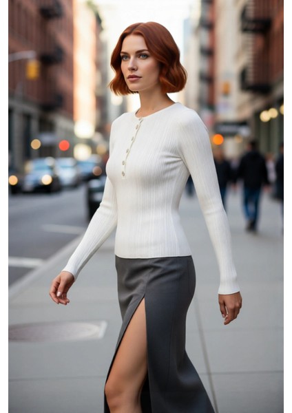 Kadın Fitted Vücuda Oturan Fitilli Bisiklet Yaka Uzun Kollu Triko Kazak Ilkbahar Sonbahar Günlük