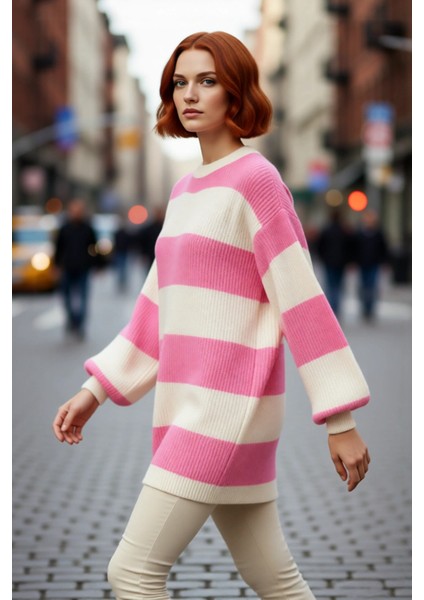 Kadın Relaxed Kalıp Düşük Kol Çizgili Selanik Örgü Bisiklet Yaka Triko Kazak Kışlık Kombinlerin