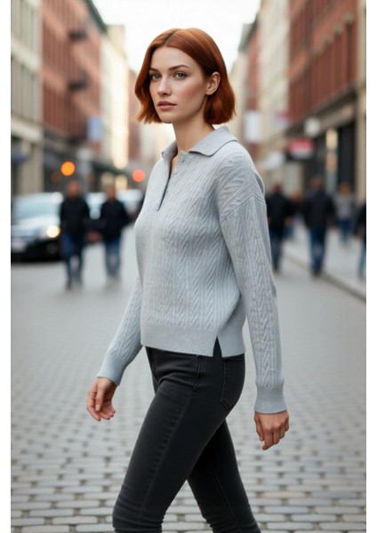 Kadın Oversize Saç Örgü Polo Yaka Triko Kazak Düşük Uzun Kollu Kışlık Rahat Basic Şıklık Kaliteli