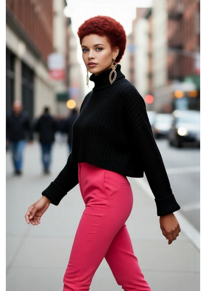 Kadın Oversize Super Crop Balıkçı Yaka Uzun Kollu Akrilik Triko Kazak Kışlık Günlük Şıklık