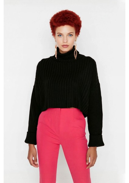 Kadın Oversize Super Crop Balıkçı Yaka Uzun Kollu Akrilik Triko Kazak Kışlık Günlük Şıklık fiyatları