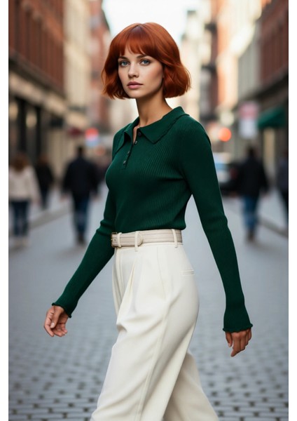 Kadın Fitted Polo Yaka Triko Kazak Akrilik Materyal Uzun Kollu Basic Şık Günlük Kombinler Için