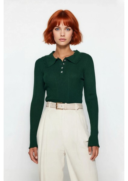 Kadın Fitted Polo Yaka Triko Kazak Akrilik Materyal Uzun Kollu Basic Şık Günlük Kombinler Için fiyatları