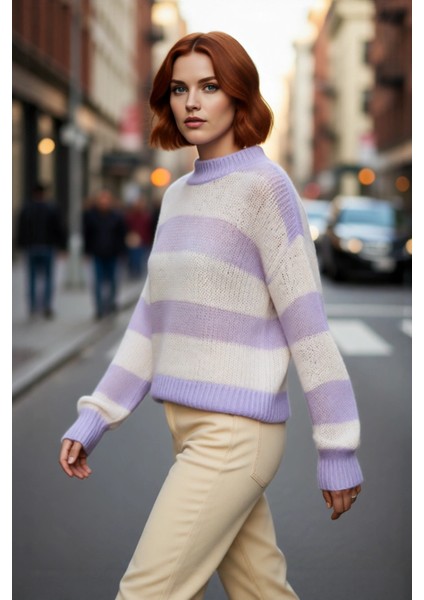 Kadın Oversize Geniş Kalıp Ince Çizgili Triko Bisiklet Yaka Düşük Kol Kazak Kış Sezonu Casual Giyim