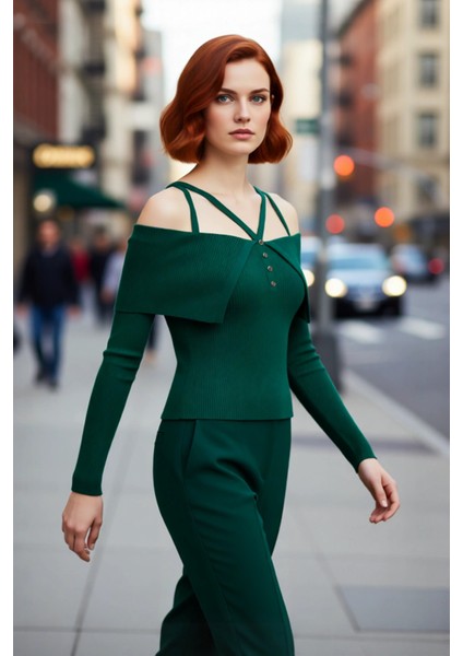 Kadın Carmen Yaka Fitilli Fitted Triko Kazak Modern Şıklık Sunan Uzun Kollu Gündüz Gece Giyimi