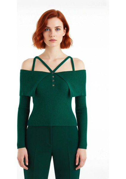 Kadın Carmen Yaka Fitilli Fitted Triko Kazak Modern Şıklık Sunan Uzun Kollu Gündüz Gece Giyimi fiyatları