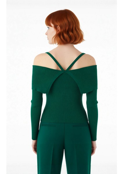 Kadın Carmen Yaka Fitilli Fitted Triko Kazak Modern Şıklık Sunan Uzun Kollu Gündüz Gece Giyimi fırsatları