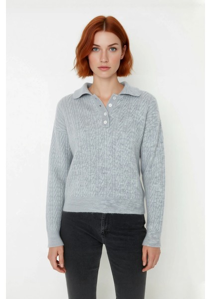 Kadın Oversize Saç Örgü Polo Yaka Triko Kazak Düşük Uzun Kollu Kışlık Rahat Basic Şıklık Kaliteli fiyatları