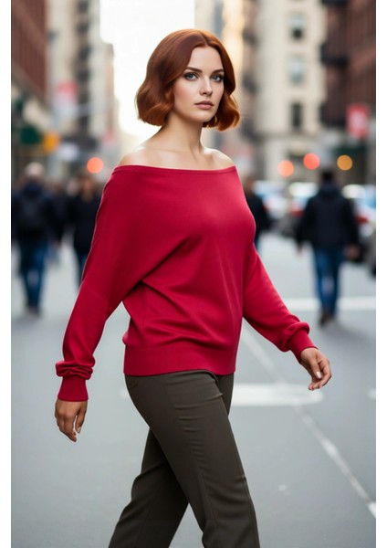 Kadın Carmen Yaka Düz Triko Kazak Ince Yapısı ile Ilkbahar Sonbahar Günlük Şıklığı Sunar Kaliteli