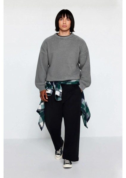 Erkek Gri Oversize Bisiklet Yaka Düz Düşük Kol Akrilik Triko Kazak Casual Tarzlara Özel Rahatlık fiyatları