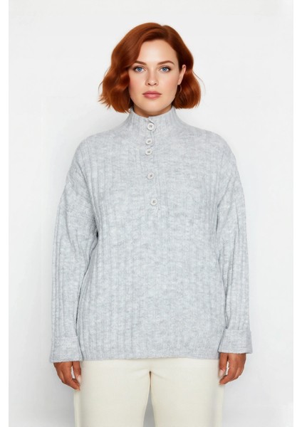 Kadın Relaxed Kalıp Dik Yaka Fitilli Dokuma Düğmeli Triko Kazak Kış Günleri Için Konfor ve Şıklık fiyatları
