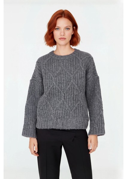 Kadın Oversize Saç Örgü Detaylı Kalın Triko Kazak Kışlık Rahat Bisiklet Yaka Standart Kol Kaliteli fiyatları