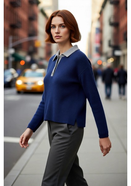 Kadın Oversize Polo Yaka Triko Kazak Renk Bloklu Yumuşak Dokulu Rahat Kışlık Giyim Şıklığı