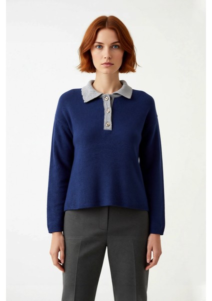 Kadın Oversize Polo Yaka Triko Kazak Renk Bloklu Yumuşak Dokulu Rahat Kışlık Giyim Şıklığı fiyatları