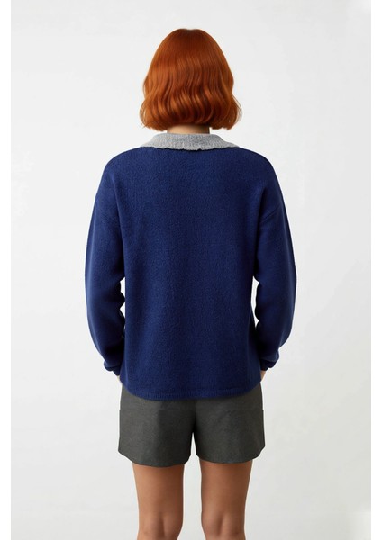 Kadın Oversize Polo Yaka Triko Kazak Renk Bloklu Yumuşak Dokulu Rahat Kışlık Giyim Şıklığı fırsatları