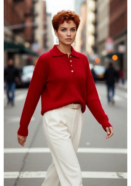 Kadın Oversize Saç Örgü Polo Yaka Triko Kazak Düşük Uzun Kollu Kışlık Rahat Basic Şıklık Kaliteli