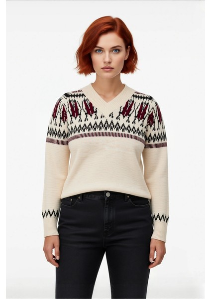 Kadın Geometrik Desenli V Yaka Triko Kazak Kışlık Regular Kalıp Reglan Kol Uzun Boy Rahat Şık fiyatları