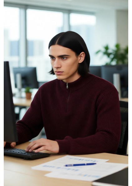 Erkek Regular Kalıp Düz Akrilik Triko Yarım Fermuarlı Dik Yaka Büyük Beden Kazak Kaliteli Şık modelleri