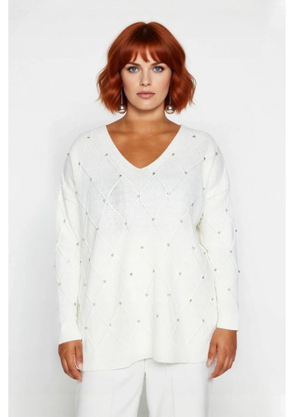 Kadın Relaxed Kalıp V Yaka Akrilik Triko Kazak Taş Işlemeli Uzun Kollu Kışlık Şıklık Sunar. fiyatları