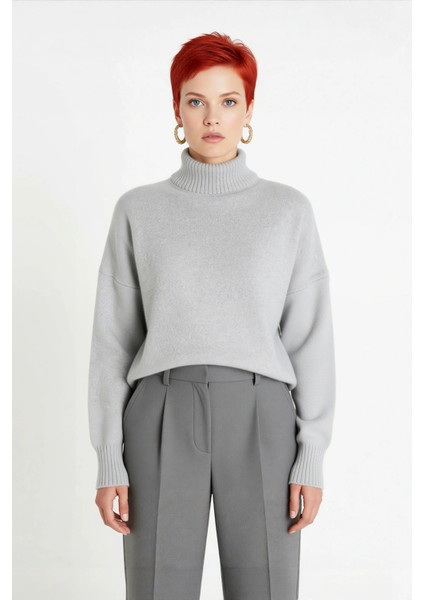 Kadın Basic Oversize Dik Yaka Triko Kazak Düşük Kol Uzun Boy Kışlık Günlük Şıklık Sunar Kaliteli