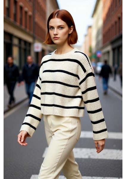 Kadın Oversize Bisiklet Yaka Çizgili Crop Triko Kazak Düşük Kollu Rahat Kışlık Kombinler Için