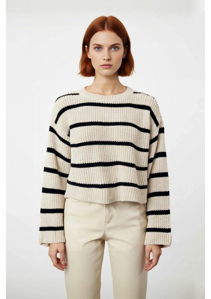 Kadın Oversize Bisiklet Yaka Çizgili Crop Triko Kazak Düşük Kollu Rahat Kışlık Kombinler Için fiyatları
