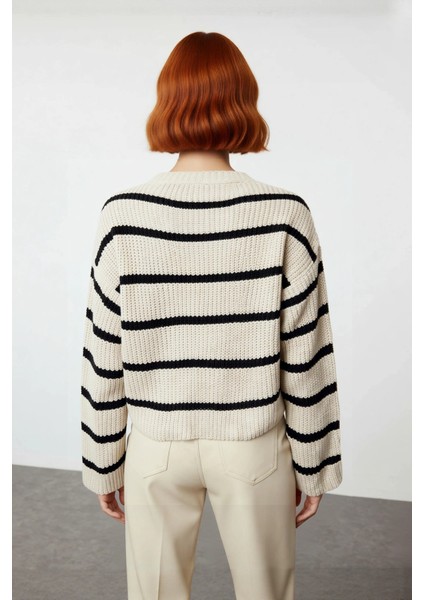 Kadın Oversize Bisiklet Yaka Çizgili Crop Triko Kazak Düşük Kollu Rahat Kışlık Kombinler Için fırsatları