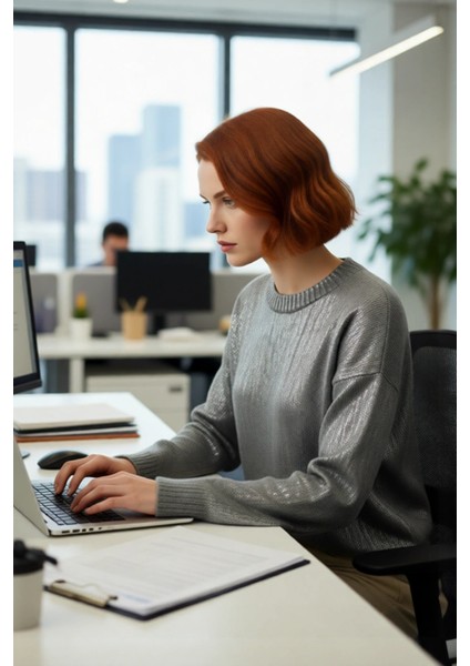 Kadın Oversize Basic Bisiklet Yaka Uzun Kollu Gri Triko Kazak Metalik Dokusuyla Şıklığı Yakala modelleri