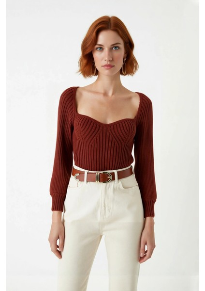 Kadın Regular Kalıp Uzun Kollu Crop Kahverengi Kalp Yaka Fitilli Akrilik Triko Kazak Günlük Şıklık fiyatları