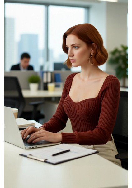 Kadın Regular Kalıp Uzun Kollu Crop Kahverengi Kalp Yaka Fitilli Akrilik Triko Kazak Günlük Şıklık modelleri