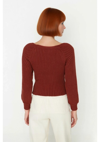 Kadın Regular Kalıp Uzun Kollu Crop Kahverengi Kalp Yaka Fitilli Akrilik Triko Kazak Günlük Şıklık fırsatları