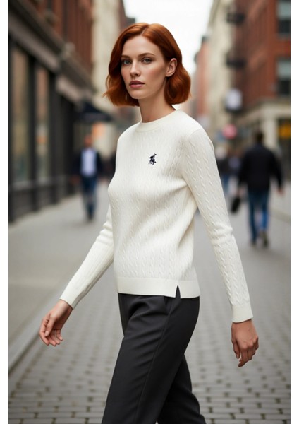 Kadın Regular Kalıp Saç Örgü Bisiklet Yaka At Nakışlı Akrilik Triko Kazak Kış Sezonu Şıklığı