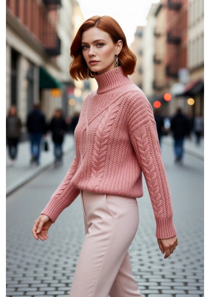 Kadın Oversize Kesim Dik Yaka Saç Örgü Deseni Kalın Akrilik Triko Uzun Kollu Kazak Kaliteli