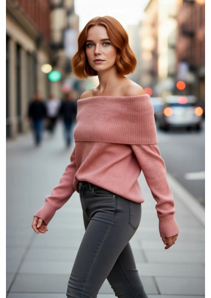 Kadınlara Özel Regular Kalıp Carmen Yaka Triko Kazak Kış Şıklığı Için Ideal Uzun Kollu Tasarım