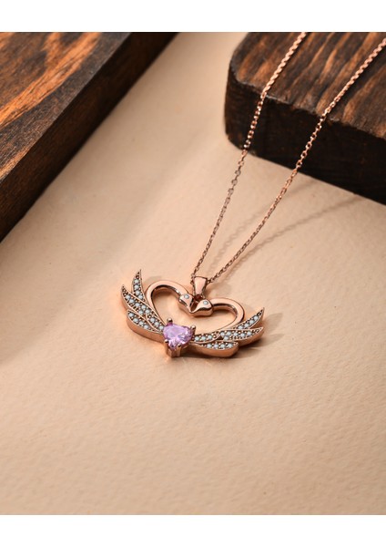 925 Ayar Zirkon Taşlı Rose Birleşen Kuğular Kalp Motifli Gümüş Aşk Kolyesi