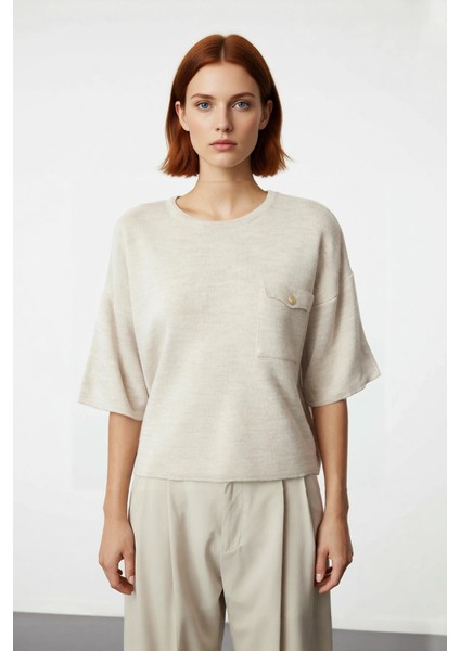 Kadın Regular Kalıp Bisiklet Yaka Kısa Kol Triko Bluz Modern Şık Cep Detaylı Ilkbahar Sonbahar fiyatları