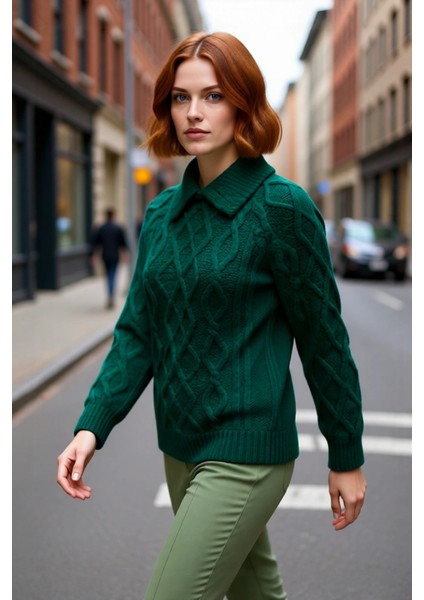 Kadın Ekru Regular Kalıp Gömlek Yaka Saç Örgü Desenli Düşük Kollu Uzun Triko Kazak Kışlık Stil