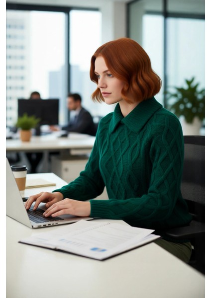 Kadın Ekru Regular Kalıp Gömlek Yaka Saç Örgü Desenli Düşük Kollu Uzun Triko Kazak Kışlık Stil modelleri