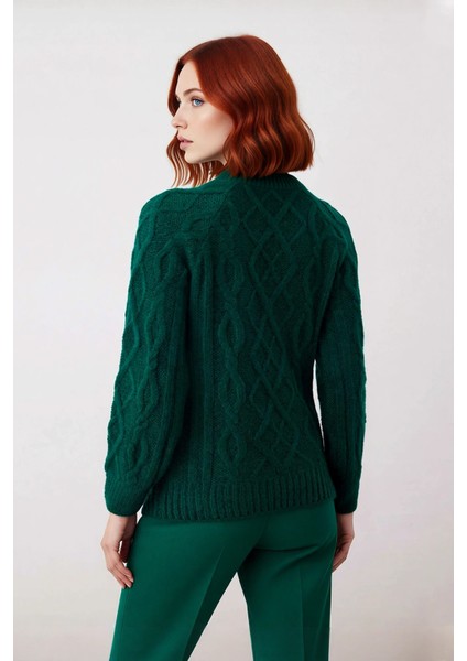 Kadın Ekru Regular Kalıp Gömlek Yaka Saç Örgü Desenli Düşük Kollu Uzun Triko Kazak Kışlık Stil fırsatları