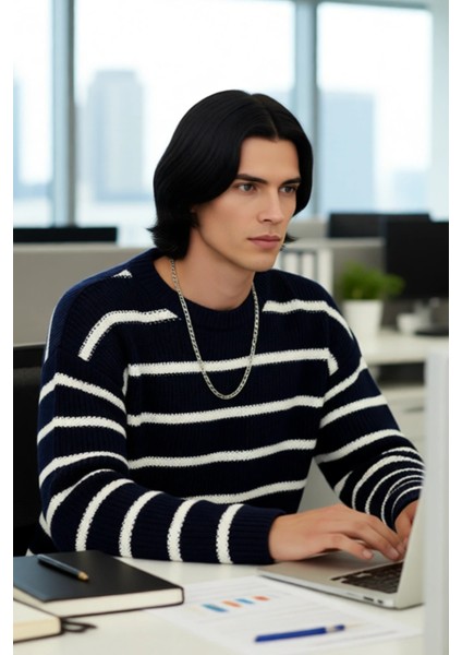 Erkek Oversize Bisiklet Yaka Çizgili Selanik Dokuma Kalın Akrilik Kışlık Kazak Konforlu Stil modelleri