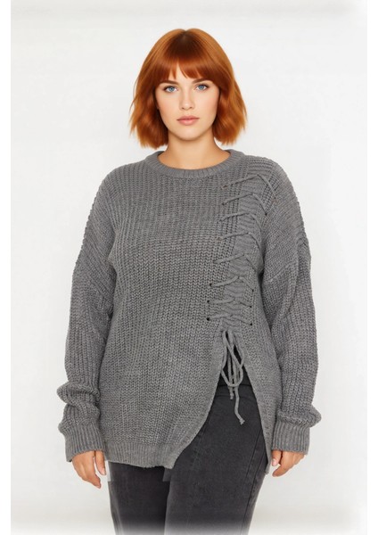 Kadın Gri Relaxed Kalıp Bağcık Detaylı Selanik Dokuma Triko Kazak Bisiklet Yaka Kışlık Günlük Şıklık fiyatları