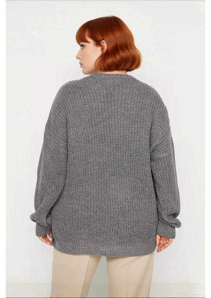 Kadın Gri Relaxed Kalıp Bağcık Detaylı Selanik Dokuma Triko Kazak Bisiklet Yaka Kışlık Günlük Şıklık fırsatları