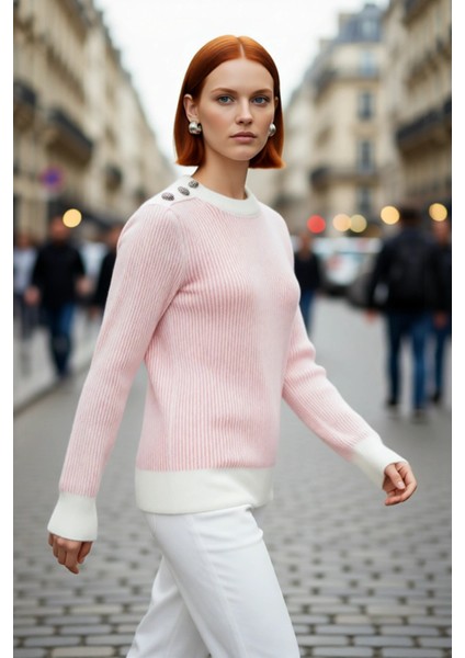 Kadın Açık Mavi Çizgili Düğme Detaylı Bisiklet Yaka Uzun Kollu Triko Kazak Günlük Kombinler Için Şık