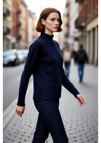 Kadın Oversize Düşük Kol Dik Yaka Düz Triko Kazak Kış ve Sonbahar Şıklığı Için Idealdir Kaliteli