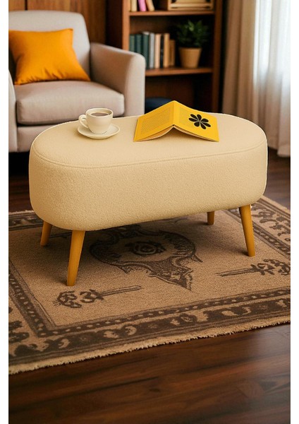 Pufora Büyük Oval Peluş Bench – Ahşap Retro Ayaklı, Dekoratif ve Konforlu Tabure