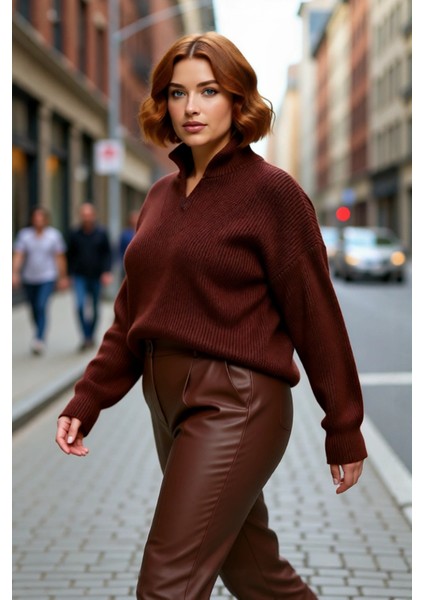 Kadın Relaxed Kalıp Düz Desen Dik Yaka Fermuarlı Triko Kazak Uzun Kollu Orta Kalınlık Basic Şık